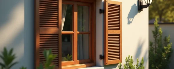 Vue réaliste d'une maison avec des volets battants traditionnels modernisés par motorisation solaire intégrée