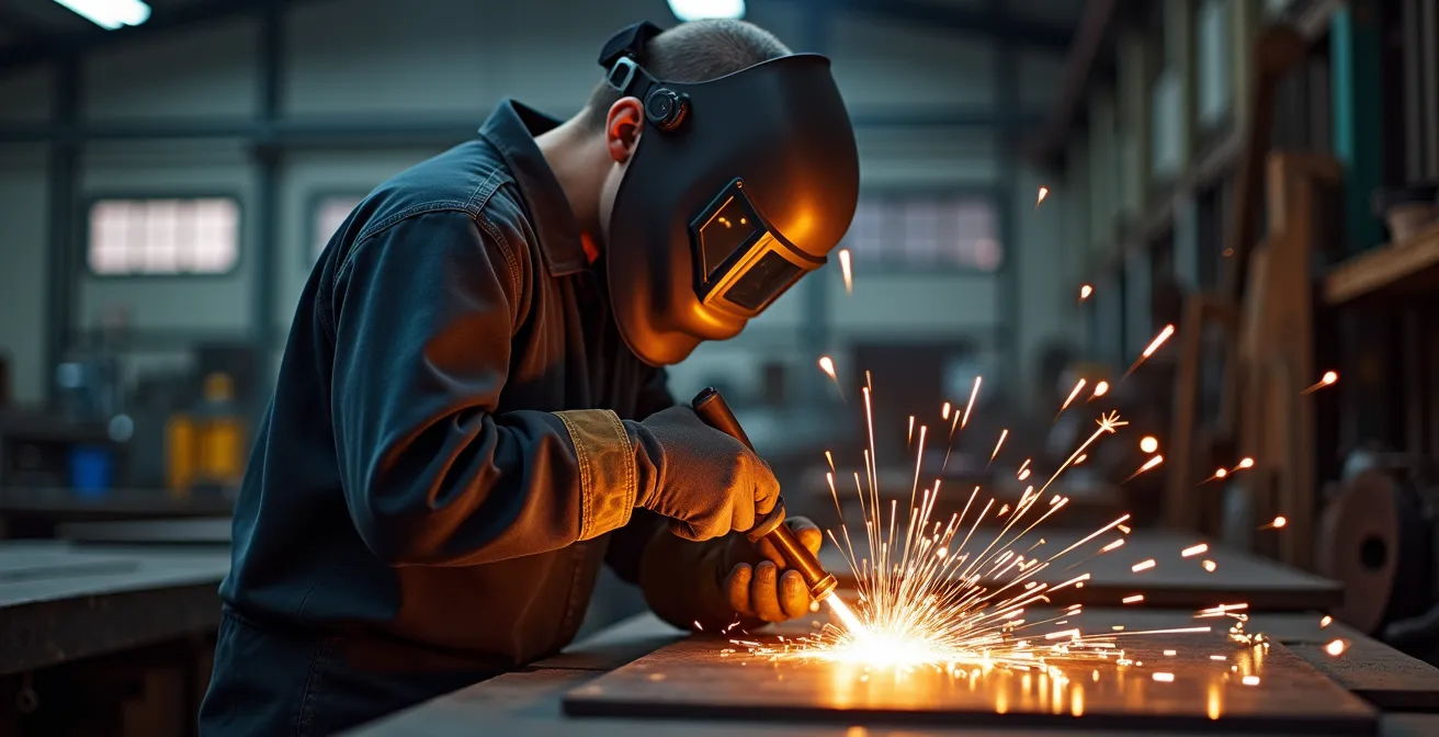 Artisan métallier travaillant sur une pièce d'acier dans son atelier