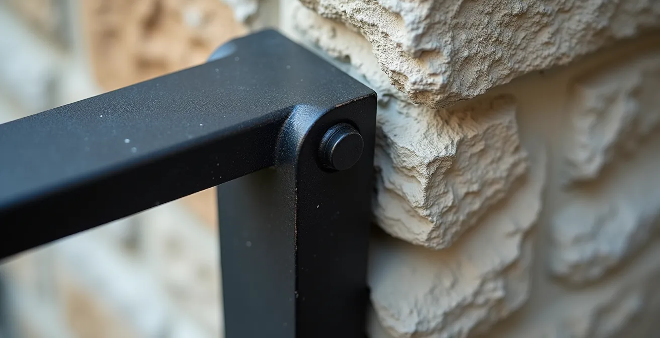 Détail d'un garde-corps en acier noir sur mur en tuffeau blanc