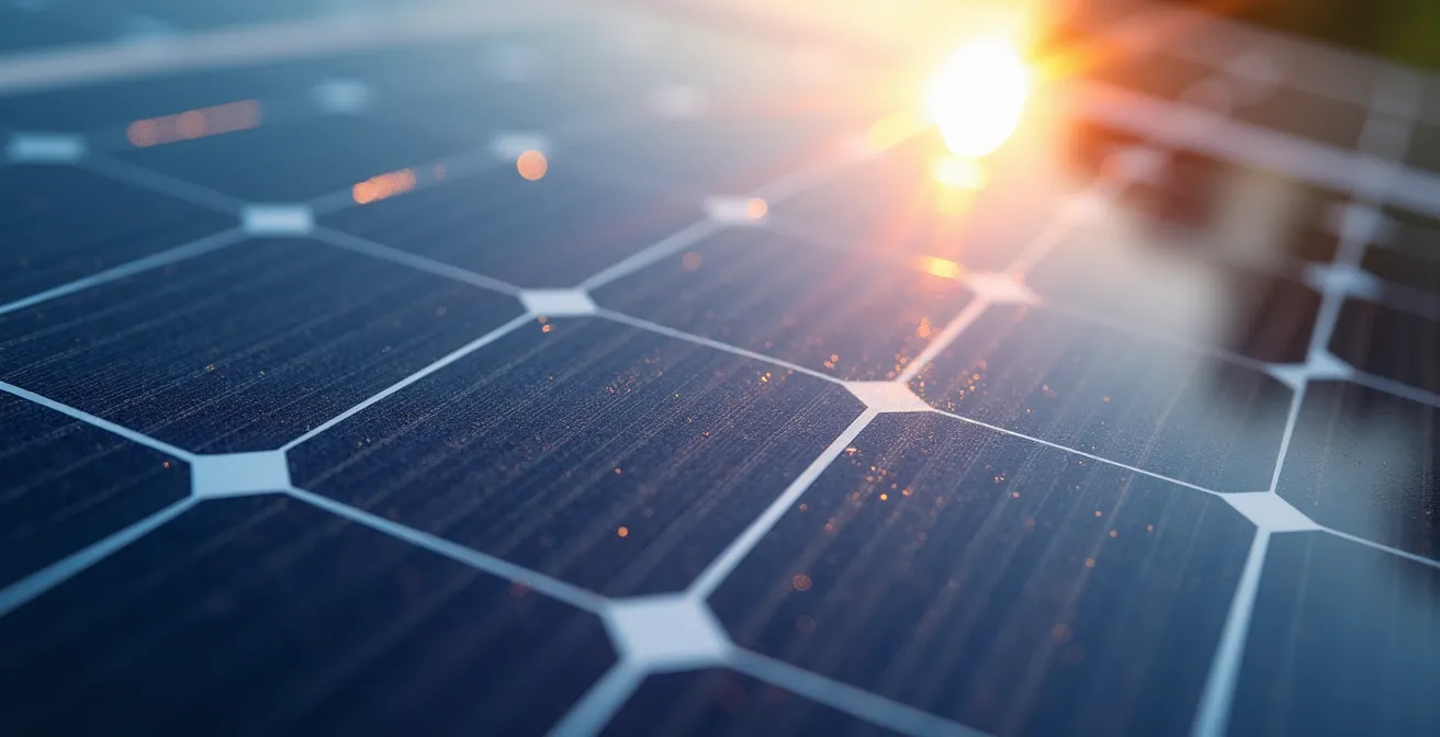 Gros plan sur cellules photovoltaïques avec reflets lumineux