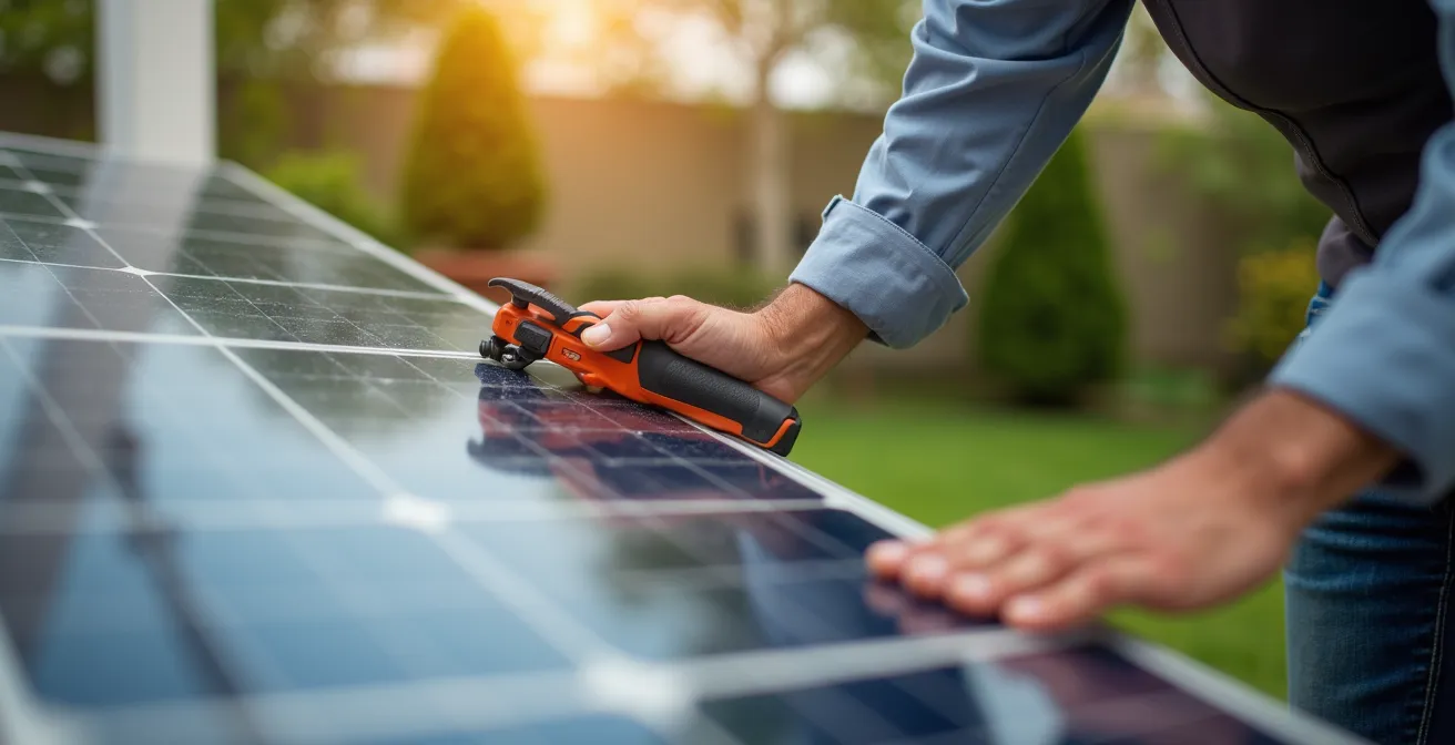 Mains d'expert ajustant l'angle d'un panneau solaire sur pergola