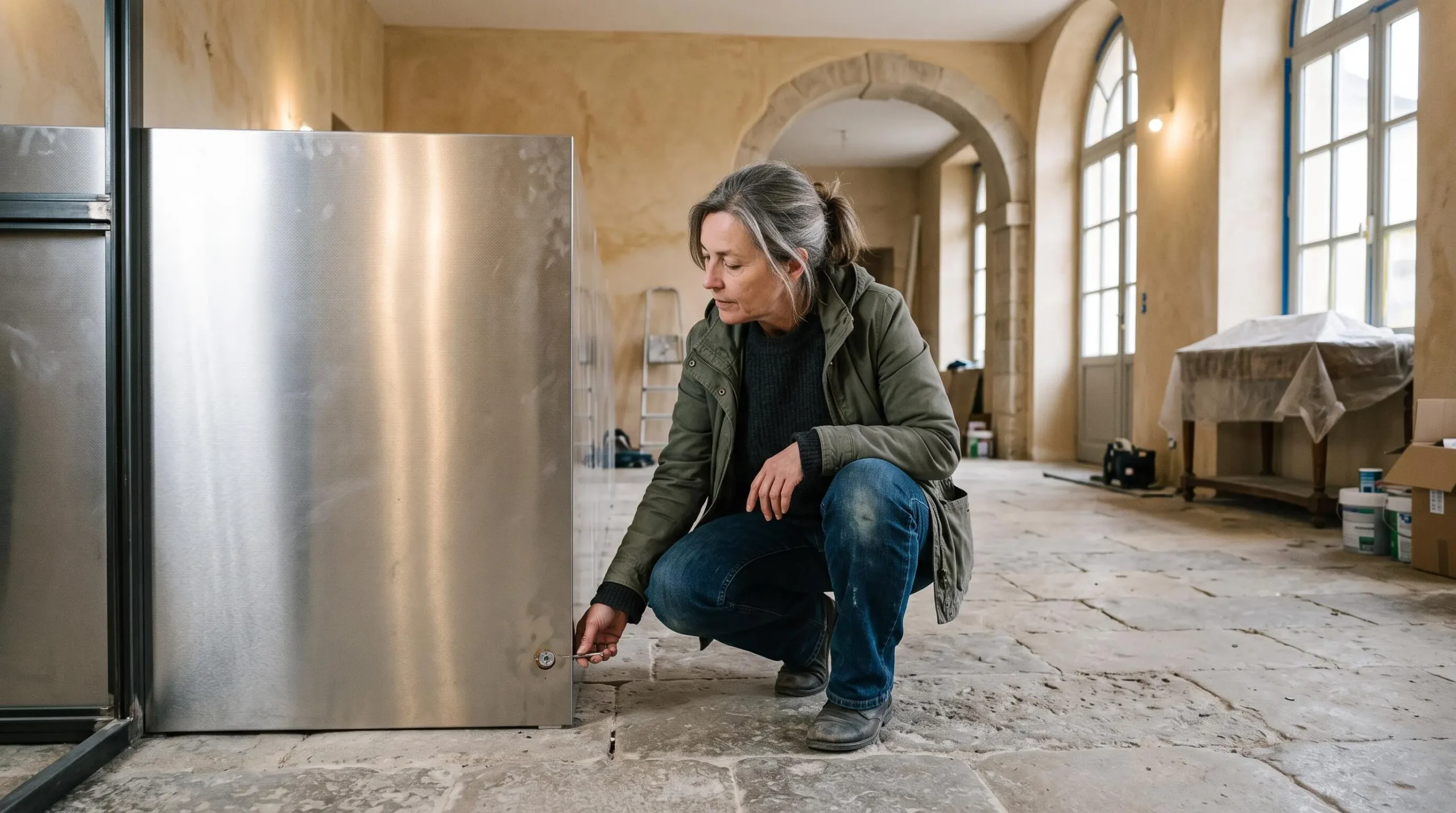 Une cliente inspecte la fixation apparente en bas d'un panneau décoratif en inox installé dans un hall d'hôtel en rénovation.