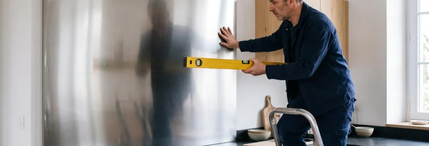 Un métallier aligne une plaque d'inox poli miroir fixée comme crédence décorative dans une cuisine moderne.