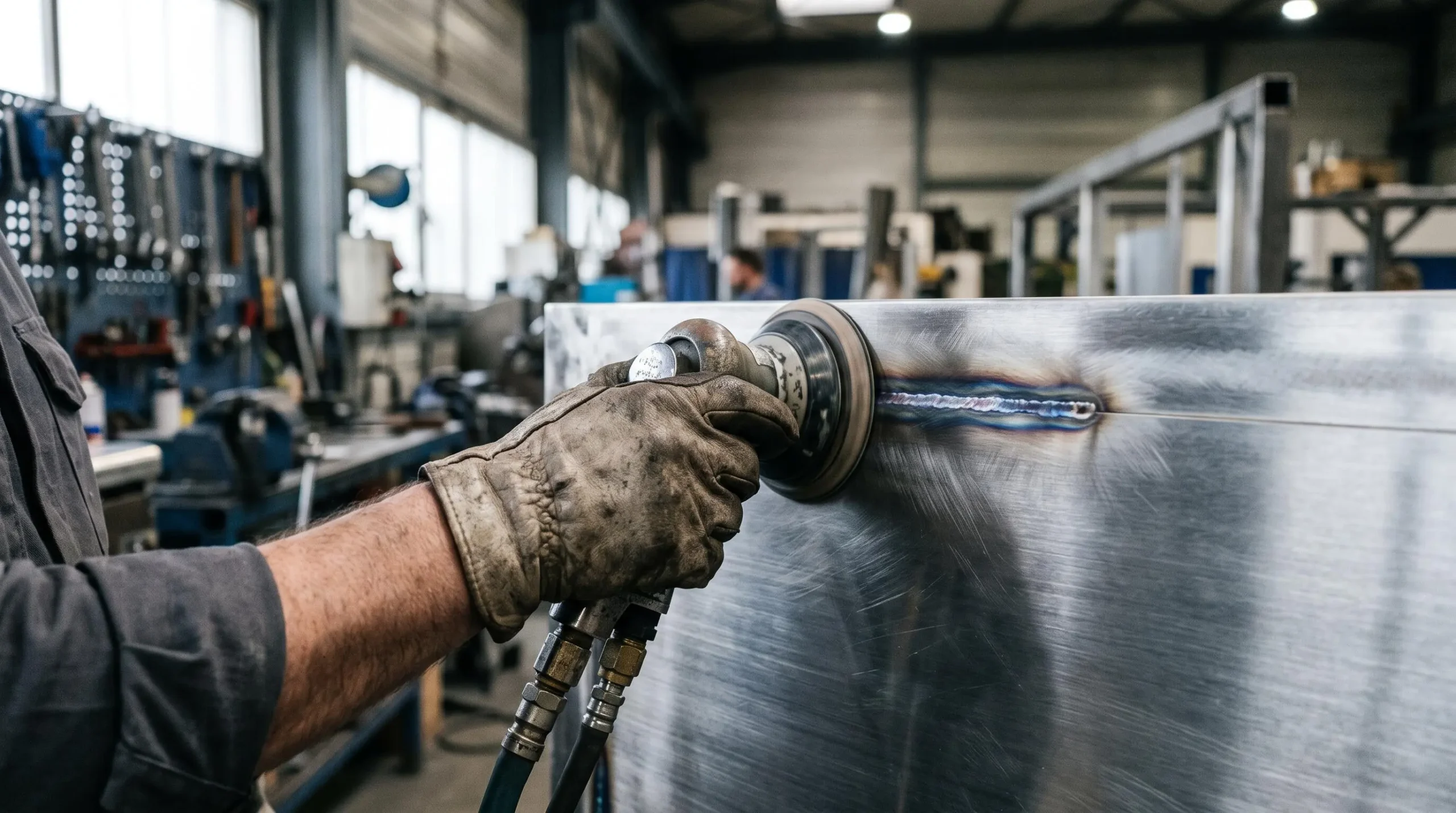 Gros plan sur une main reprenant le polissage d'une soudure bleuie sur une tôle décorative en inox en atelier.