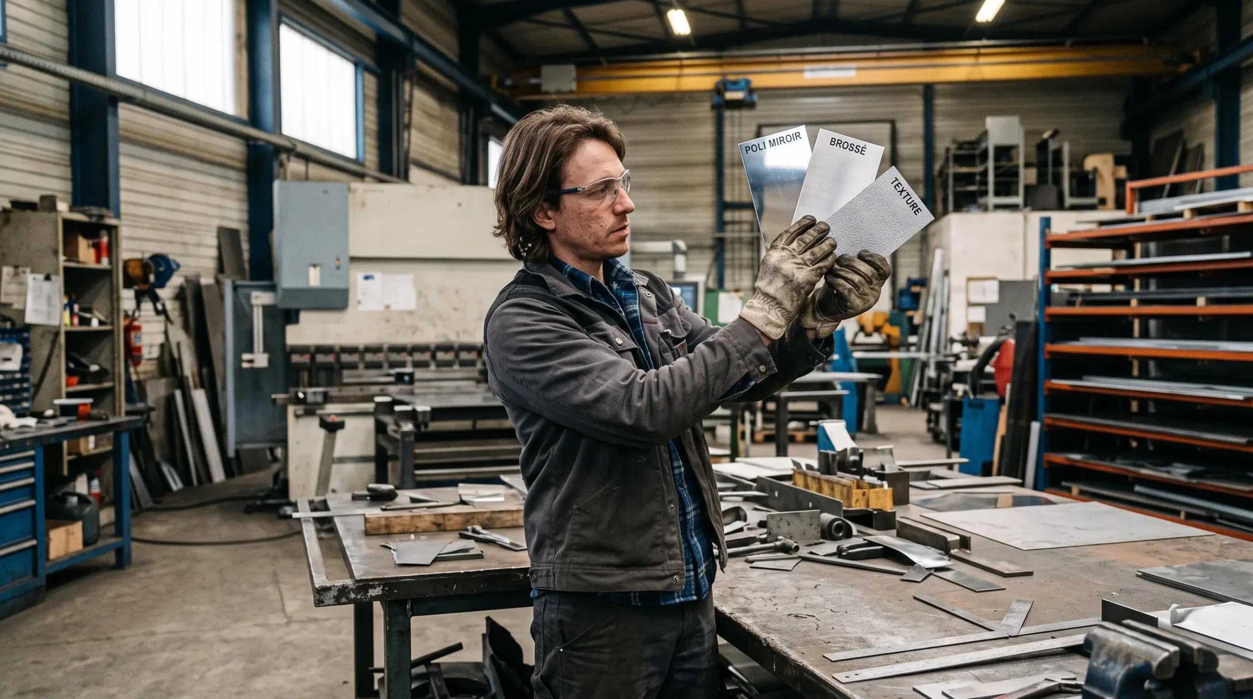 Un tôlier compare en atelier des échantillons d'inox aux finitions différentes en les levant vers la lumière.